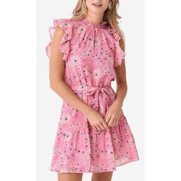 Oliphant Flirty Ruffle Hem Carolina Pink Cotton Block Print Dress Tuckernuck Med - Picture 1 of 16